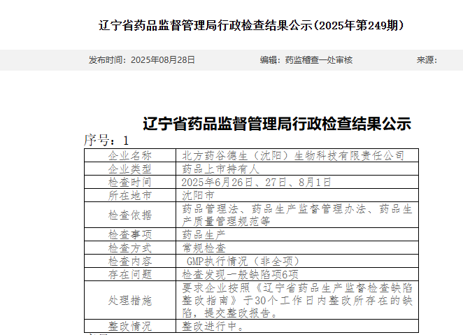 三生制药旗下北方药谷德生（沈阳）生物科技公司GMP检查发现6项缺陷